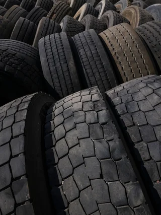 Stacked truck tyres